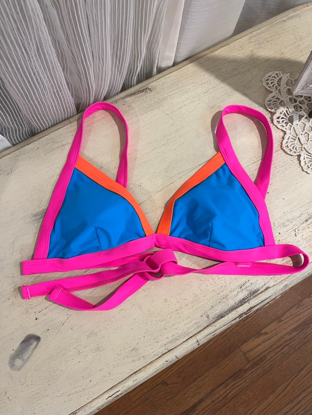Popvil Neon Colorblock Bikini Top | Pink Blue Orange Triangle Swim Top Large